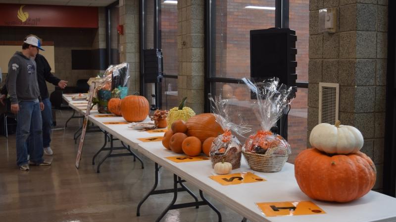 tables with real pumpkins & pumpkin-themed items